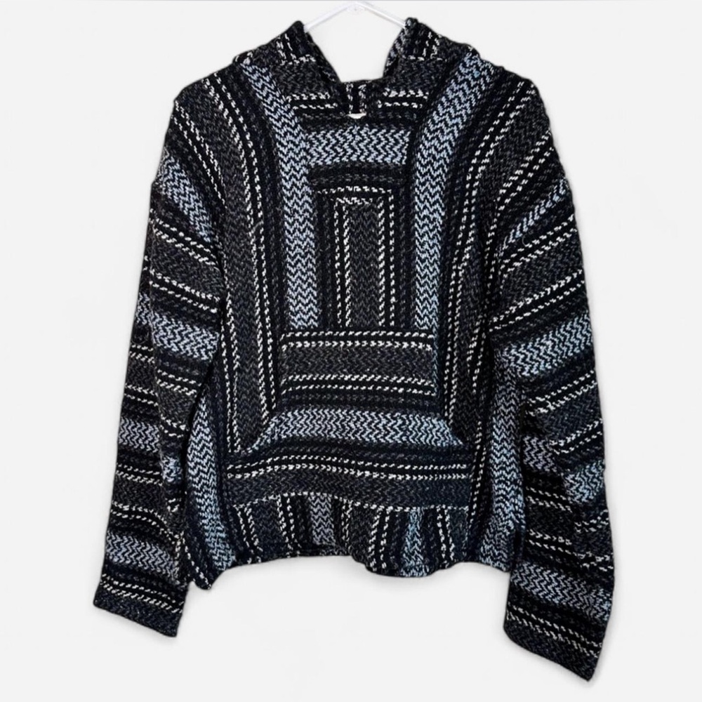 Baja Joe Mexican Hoodie Pullover - Black, Blue, White & Gray Striped - Small